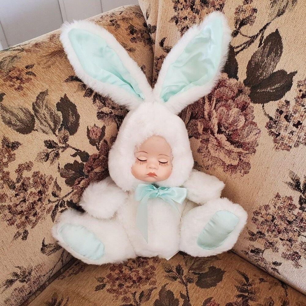 House Of Lloyd Porcelain Baby Face Doll Snow Bunny Plush Music Movement Easter